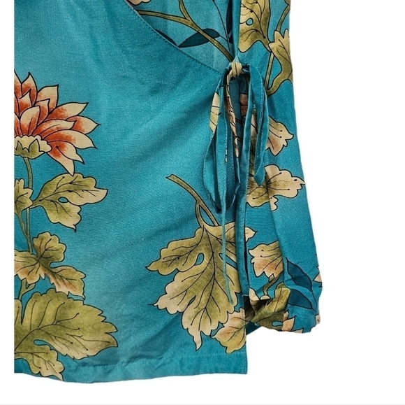 Silk floral teal wrap sleeveless collard top size small - Picture 5 of 11